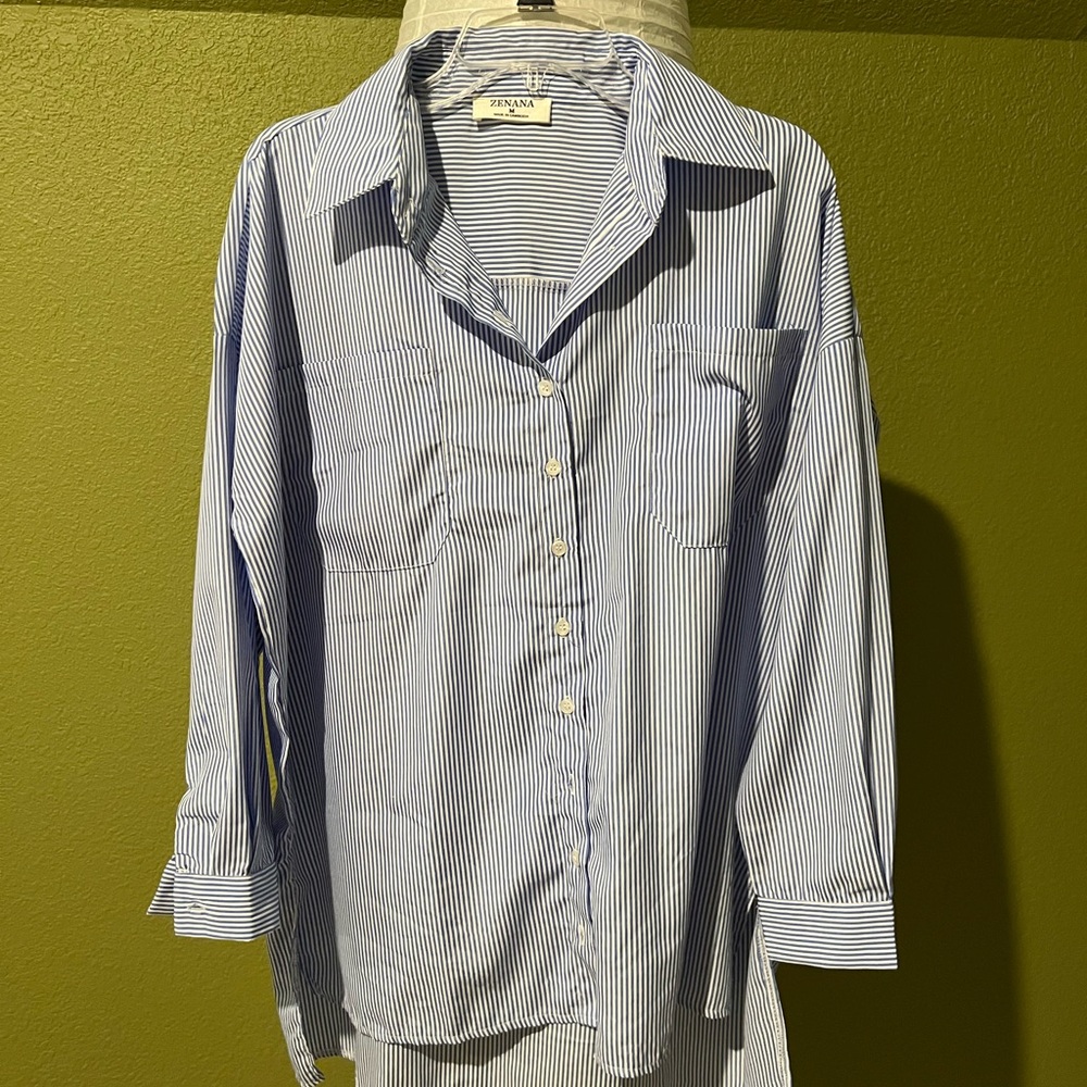 Blue and white striped blouse